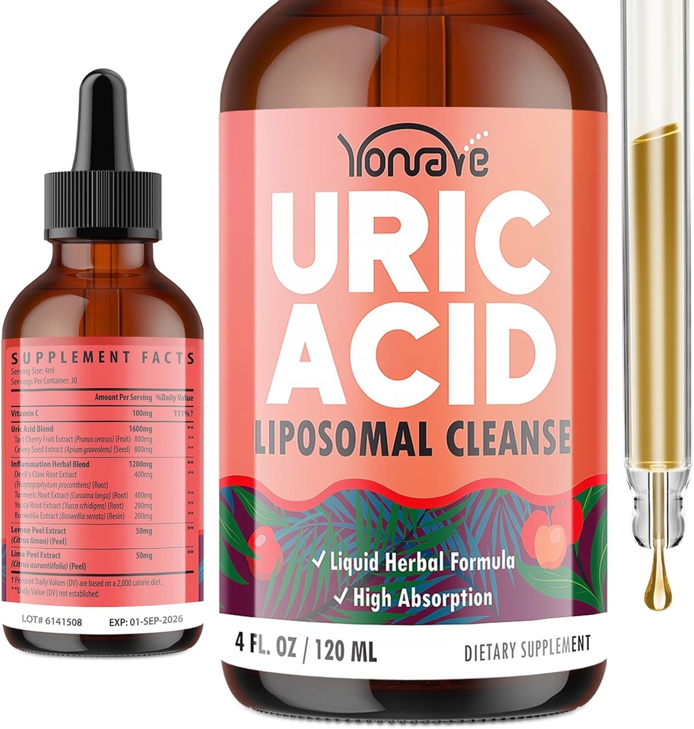 Liposomal Uric 산 하락, Celery씨 & Boswellia 추출물을 가진 다트 버찌 보충교재 – 근육, Detox, 합동 및 Kidney, Uric 산 Cleanse 액체 보충교재 – 4 FL OZ (1 병)
