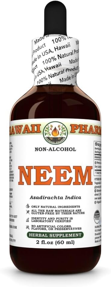 Nem rượu giải phóng chất lỏng, Nem Neem (Azadirachta cricaa) Dyed Leave Glycerite tự nhiên Herbal, Hawaii Pharm, USA 2fz.