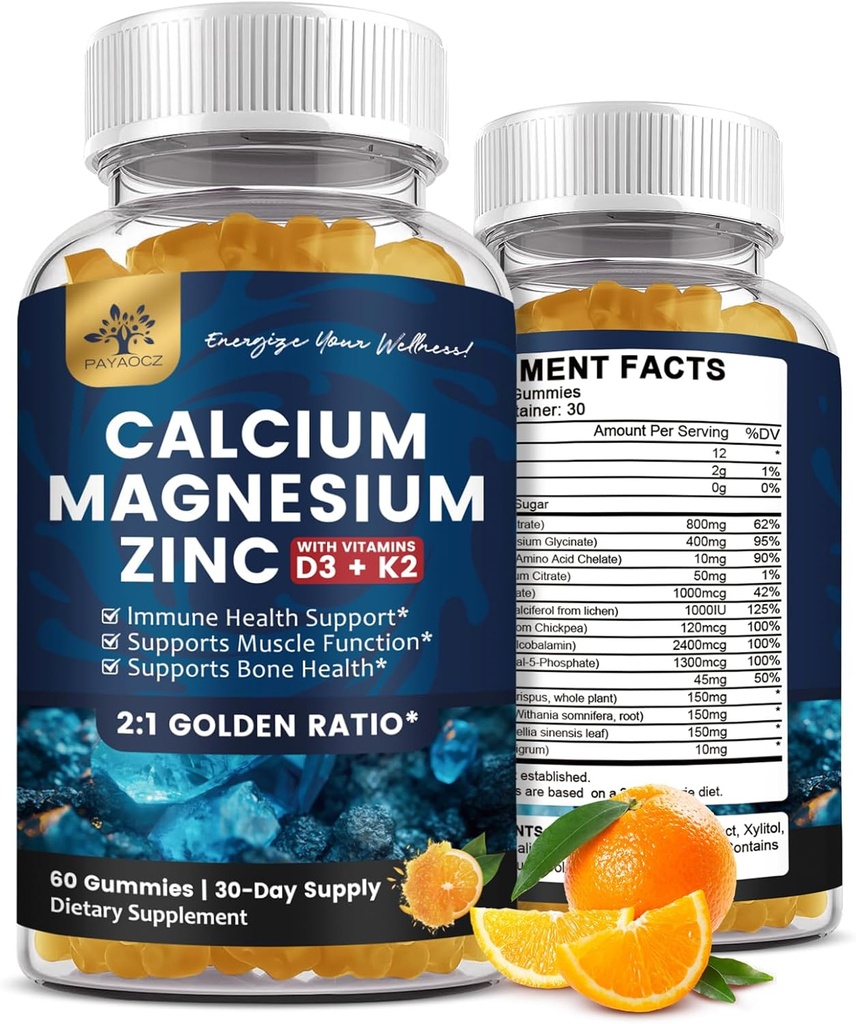 2 Pack) Calcium Magnesium Zinc Gummies with Vitamin D3, K2, B12 ' B6 for Adults, Sugar Free Magnesium Glycinate with Potassium Sea Moss supplement, Calcium Citrate for Bone Mood ' sleep Support