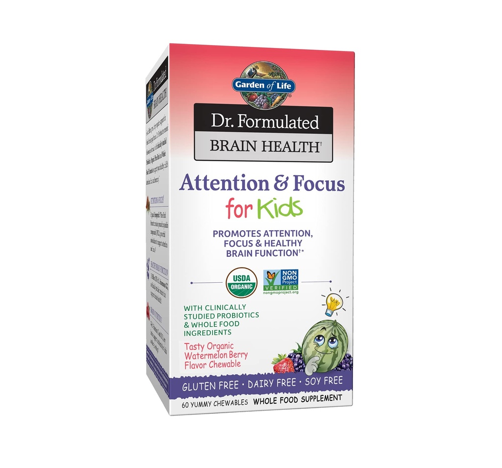 Garden of Life Dr. Formulated Attention and Focus for Kids, Supplement Promotes Healthy Brain Function, Concentration with Organic Wild Blueberry, Pine Bark, Vitamin C, D and Probiotics, 60 Count