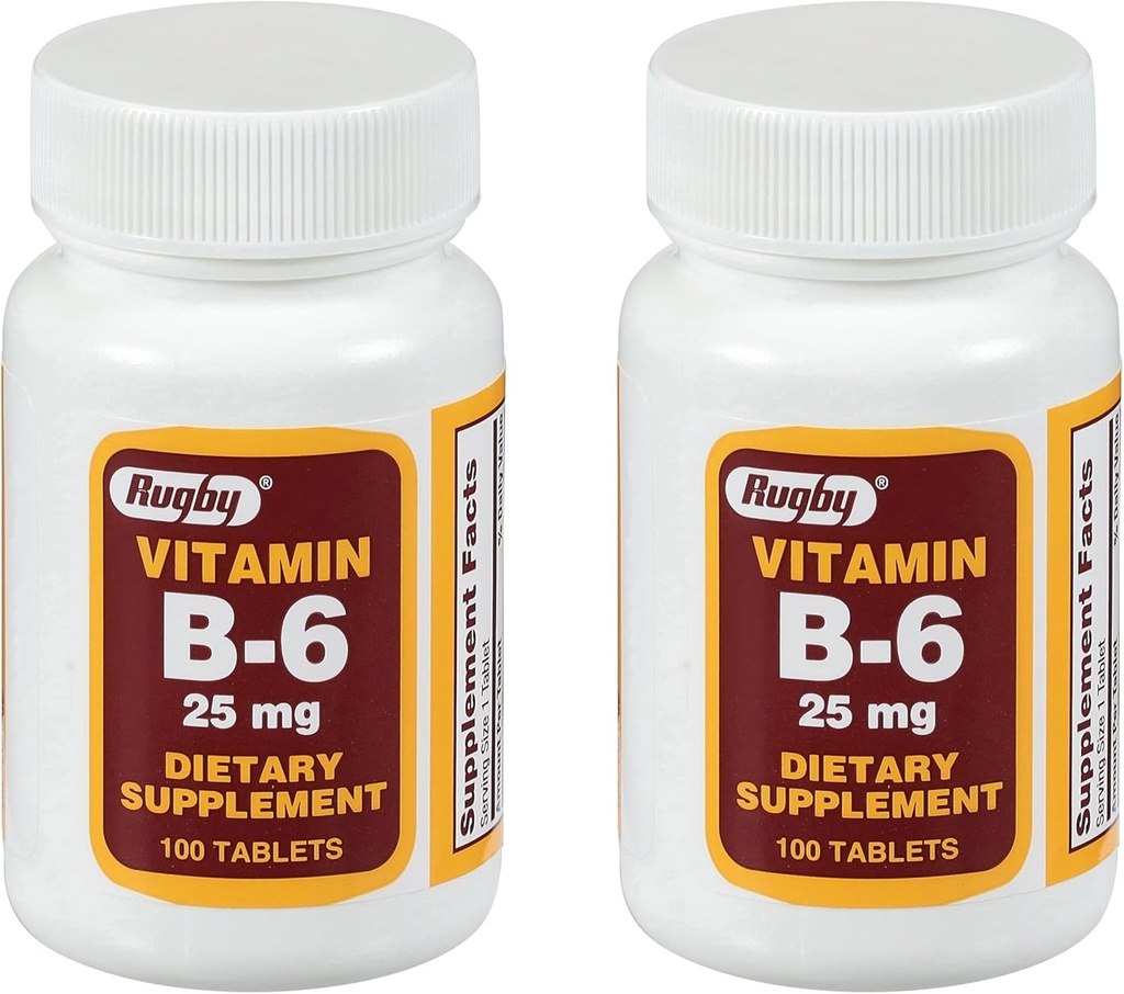 Comprimés de vitamine B-6 de rugby - 25 mg de vitamine B6 - Supplément alimentaire - 100 Compte (2 paquets)