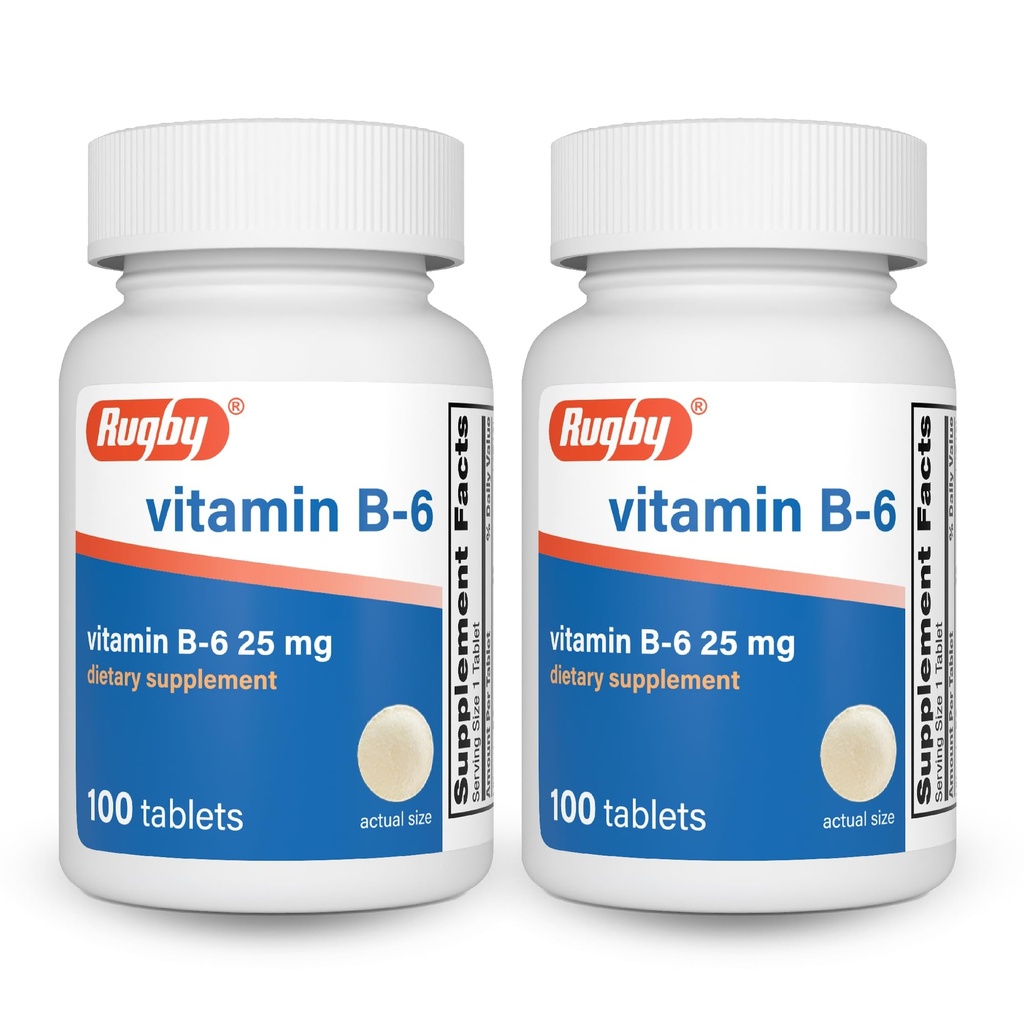 Rugby Vitamin B-6 Tablets - 25mg of Vitamin B6 - Dietary Supplement - 100 Count (2 Pack)