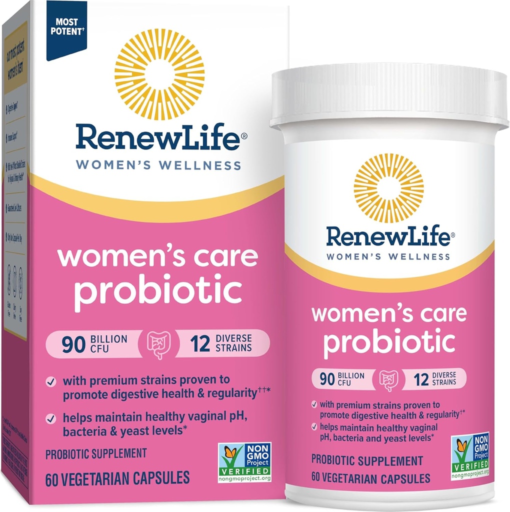 Renew Life Women's Probiotic Capsules, Supports pH Balance for Women, Vaginal, Urinary, Digestive and Immune Health, L. Rhamnosus GG, Dairy, Soy and Gluten-Free, 90 Billion CFU - 60 Ct