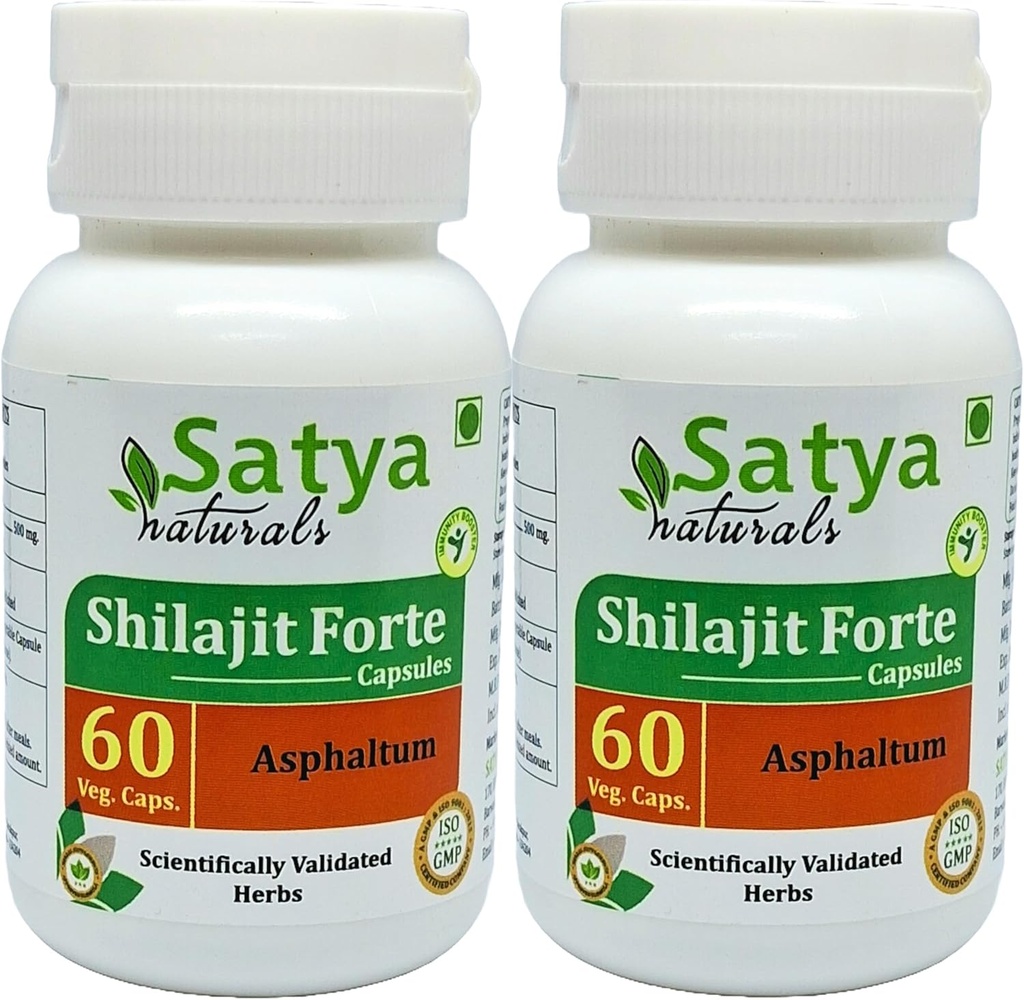 Shilajit Forte Capsules 500 mg. 60 Veg. Capsule | Shilajit (Asphaltum) Extract Capsules for Men and Women | Ayurvedic Herbal Supplement/Remedies | 10:1 Forte (2 Bottles of 60 Capsules)