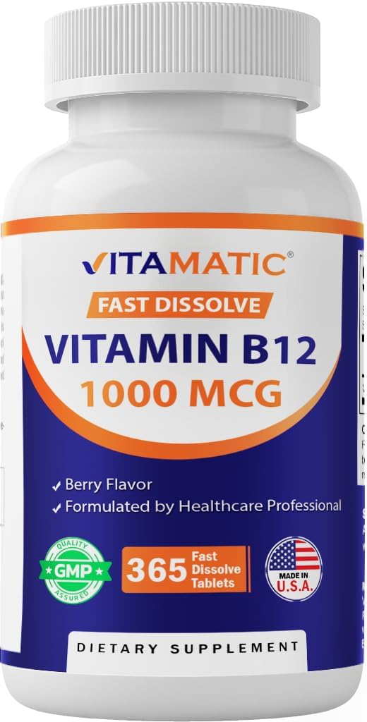 Vitamatic Vitamina B12 1000 mcg Fast Dissolve – 365 Tablets – Natural Berry Flavor – Apoya el metabolismo energético " Nervous System Health