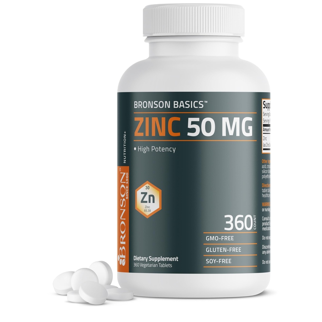 Bronson Zinc 50 MG High Potency Supports Immune, Antioxidant & Skin Health - Non-GMO, 360 Vegetarian Tablets