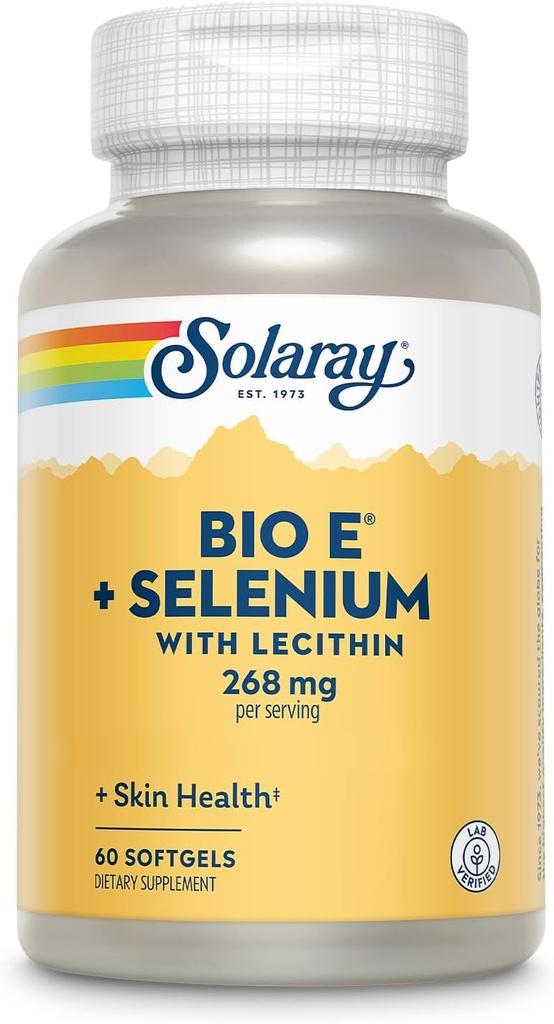 Bio Vitamina E 400 UI (268 mg) com Selênio 100 mcg e Lecitina - Suporte à tireóide, Antioxidante e Imune Suplemento de Suporte, Alta Absorção, Lab Verificado, Garantia de 60 dias, 30 Servões, 60 Softgels