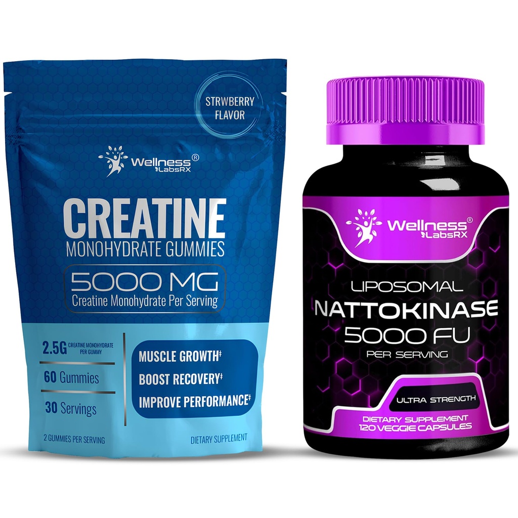 WELLNESS LABSRX Nattokinase Supplement Capsules 5000 FU - Creatine Gummies 5000mg | Bundle