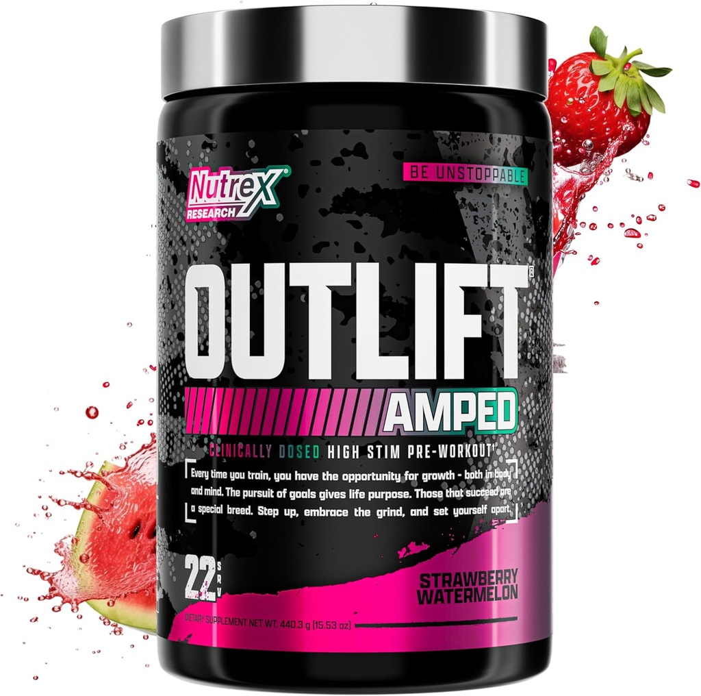 OUTLIFT Amped Max Dosed AUGSTA STIM pirms treniņa pulveris 6G Citrulline, 3.2G Beta Alanine, Alpha GPC, CognatiQ, Extreme Energy, Masīvie sūkņi, Elektrolīti (Zemeņu arbūzs, 22 Kalpojumi)