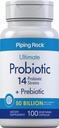 Piping Rock Probiotic and Prebiotic for Women and Men - 50 Billion CFU | 100 Capsules - Ultimate 14 Strain supplement , Vegetarian, Non-GMO, Gluten Free