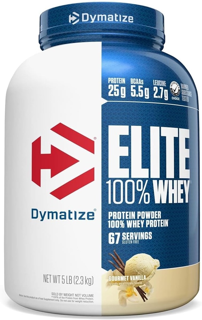 Dymatize Elite 100% Išrūgų baltymų milteliai, Vanilė, 25g baltymų, 5,5g BCAAs, Mažiau nei 140 Cal., Gluten Free, 2g Carb, 2g Sugar, 3g Riebalai (67 Paslaugos)