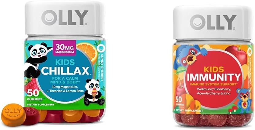 OLLY Kids Chillax, Magnis Gummies Plus L- Theanine, Lemon Balm & Vaikai Imunitetas Gummy, Imuninė parama, Wellmune, Elderberry, Vitaminas C, Cinkas, Chewable Addition, Cherry - 50 Count