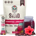 Salud 2-in-1 Hidratācijas paketes + immunitātes elektrolītu pulveris, Hibiscus - Jamaica Agua Fresca dzēriens Mix, plūškoka ogas, bez piena un sojas, ne-GMO, bez lipekļa, vegans, zems kaloriju saturs, 1g cukura (15 Kalpo)