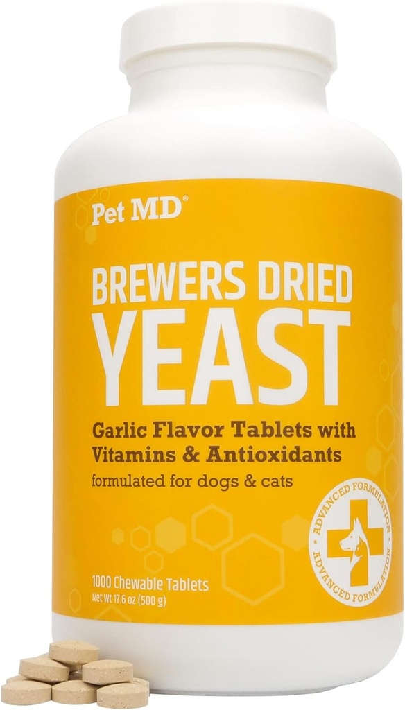 Pet MD Garlic " Brewers Yeast for Dogs - Garlic and Yeast Plus Antioxidants - Brewer's Yeast Tablets for Dogs ' Cats - Vitamin B 1 " Vitamin C - 1000 ct