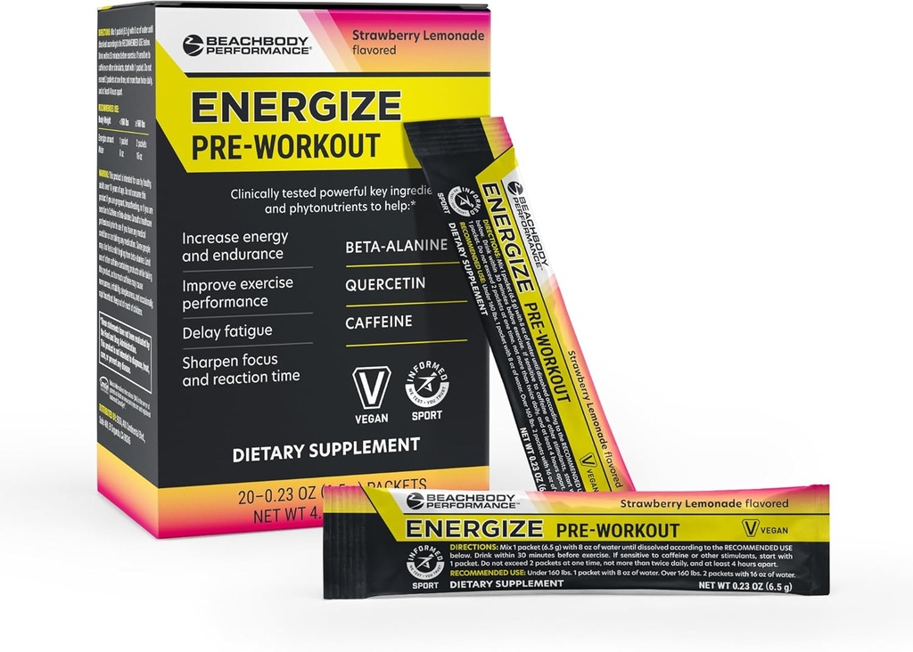 BODi energizuoti prieš treniruotę milteliai - Beta-Alanine, Quercetin & Low-Dose Kofeino formulė sustiprinto energijos & Focus, Padidinti energijos ir ištvermės papildas, Braškių citrinade Flavored, 20 Sticks