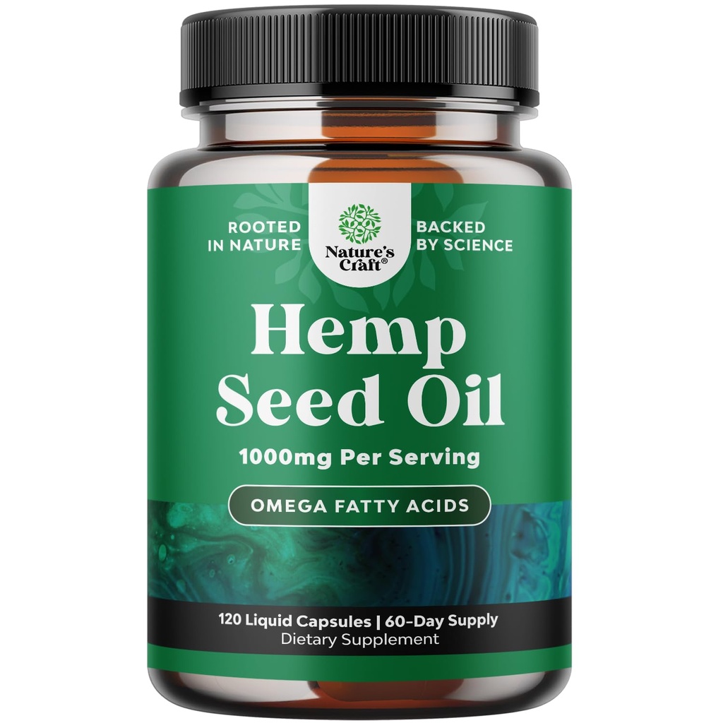High Absorption 1000mg per Serving Hemp Seed Oil Capsules - Vegan Omega 3 6 9 Supplement with Essential Fatty Acids for Joint Support Relaxing Mood and Skin Health - Halal Non-GMO - 120 Count