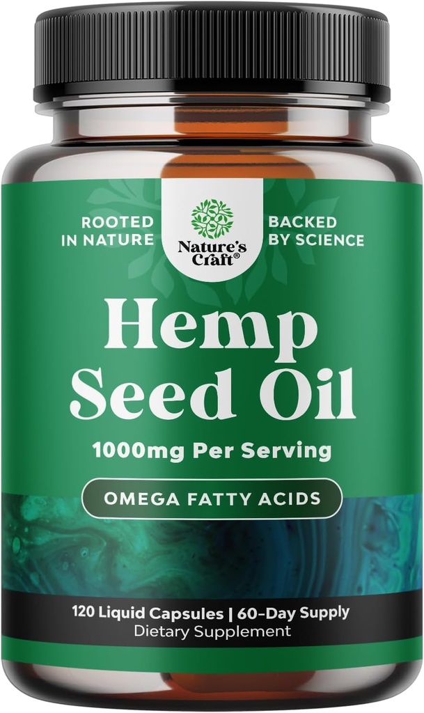 High Absorption Hemp Oil Capsules - Vegan Omega 3 6 9 supplement with Essential Fatty Acids for Joint Support Resting Mood and Skin Health - Halal Non-GMO 1000mg per Serving Hemp Seed Oil Capsules