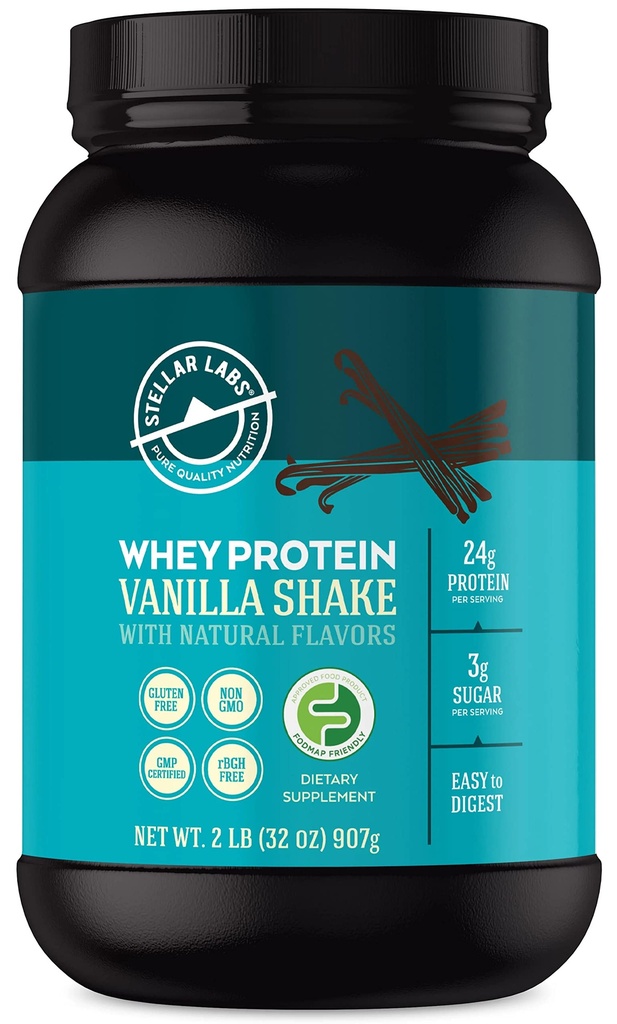 Stellar Labs Whey Protein Powder with BCAA's & Whey Isolate | Certified Low FODMAP, Non GMO, Gluten Free, Soy Free, Low Carb, Keto, with Stevia | All Natural Lean Post Workout Shakes | Vanilla