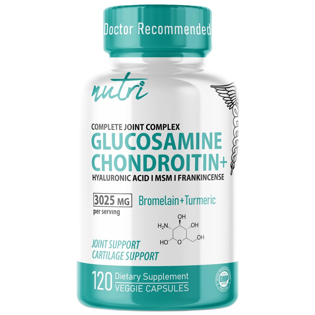 Nutri 8-in-1 Glucosamine Chondroitin MSM Turmeric Bromelain Boswellia Hyaluronic Acid 3025 mg - Joint Support Supplement - 120 Capsules - Supports Healthy Bones - 3rd Party Tested & GMP Certified
