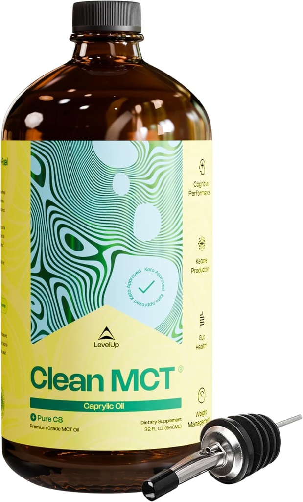 LevelUp Clean MCT Nafta - 100% kaprüül C8 energia, fookuse, soolestiku tervise, aju superkütuse jaoks - Keto lisand ketogeensele kohvile ja ketoonidele - mitte-GMO (32 oz klaasist pudel)