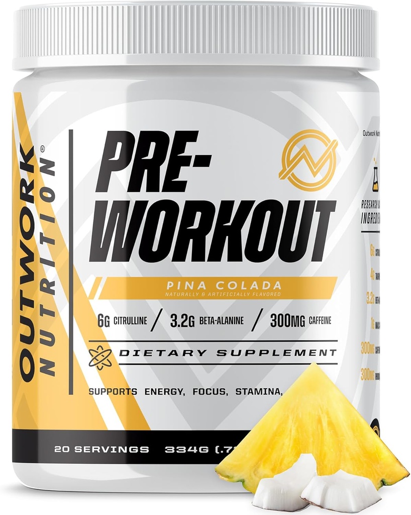Outwork Nutrition Preworkout для чоловіків і жінок - Nootropic Pre тренування без креатину, Pre-Workout порошок з Taurine Rhodiola Citrulline Malate Beta Alanine Caffeine (Pina Colada)