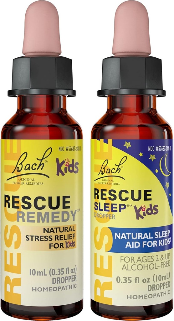 Detský deň a noc Bundle, Bach Rescue Remedy Detské dropper [a] RESCUE spánok deti dropper- 2-Pk, Zmiernenie stresu a podpora spánku s prírodnými kvetmi esencie, Homeopatické, Non-Alcohol Formula, 10mL Ea