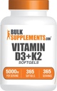 BulkSupplements.com D3 vitamīns + K2 5000 SV Softgels - D3 K2 papildinājums, Imūnās veselības - bez lipekļa, 1 Softgel per Serving, 365 grāfs (1. iepakojums)