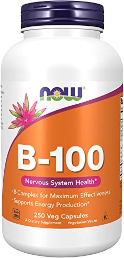Suplementos Now, vitamina B-100, produción de enerxía*, saúde do sistema nervioso*, cápsulas 250 Veg