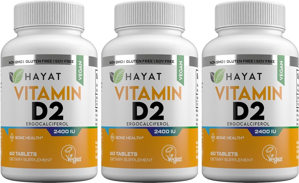 HAYAT Vitamins Vegan Natural Vitamin D 2400 IU, D2, Certified Halal (Pack of 3)