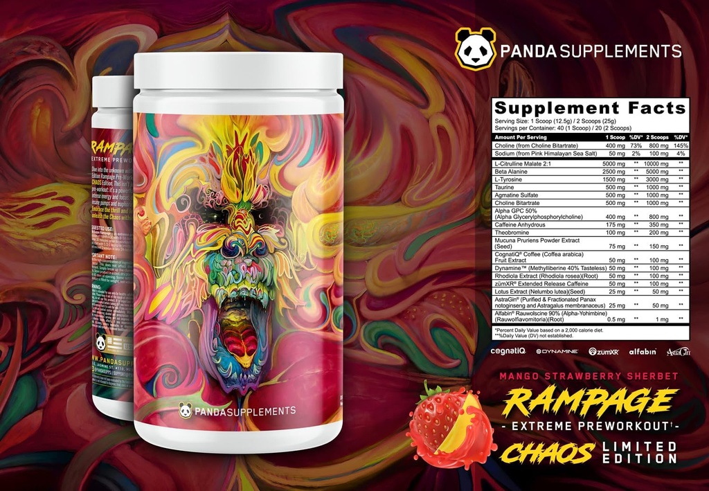 Labolio de Google Panda Supps: Rampage Chaos, Extrema Pre-hout, High Stim, Bomba màxima, Focus i Energia (Straw Mangorbet) (40 de Servings)