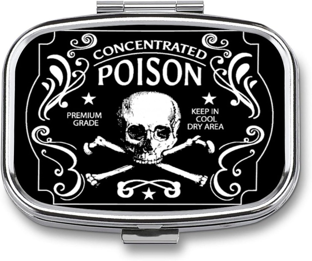 Metalen 2 Compartiment Pillen Organisator Reizen Vriendelijk Portable Compact Pill Box Cute Pill Case vast te houden Vitamines/Visolie/Supplements/Meds/Tablet voor Purse/Pocket (Geconcentreerde Poison) 1