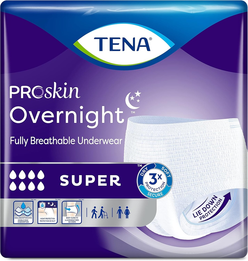 TENA ProSkin Overnight Super Protective Incontinence Underwear, Heavy Absorbency, Unisex, Medium, (56 Total - 4 Packs)