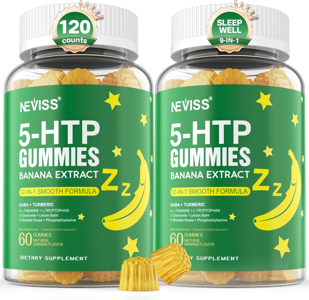 5-HTP Gummies + GABA - Melatonin Free - Релаксація Гумми з екстрактом банана, L-Theanine, L-Tryptophan, Вітамін D3 для здорового реставра цикл & Circadian Rhythm, Brain Функція & М'язи Релакс, Пакет 2