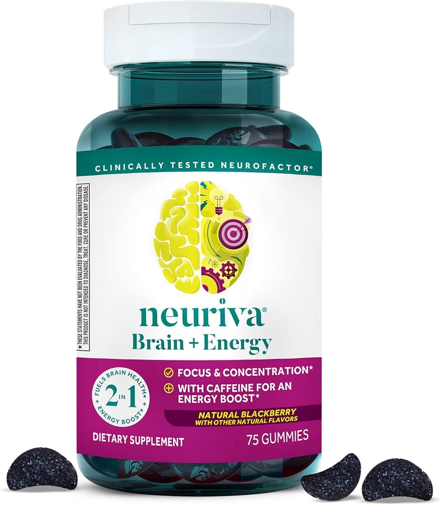 NEURIVA Beyin + Enerji Gummies, Nootropic Brain Supplements for Focus and Concentration with Neurotors, Vitamin B12 & Caffeine for an Energy Boost*, 75ct Natural BlackBerry
