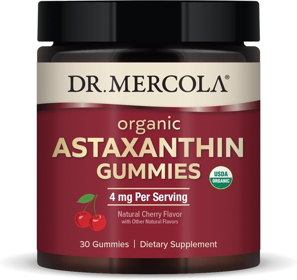 Dr Mercola Organic Astaxanthin Gummies, 30 portioner (30 Gummies), 4 mg per portion, kosttillskott, antioxidant och immunstöd, certifierad organisk, icke-GMO