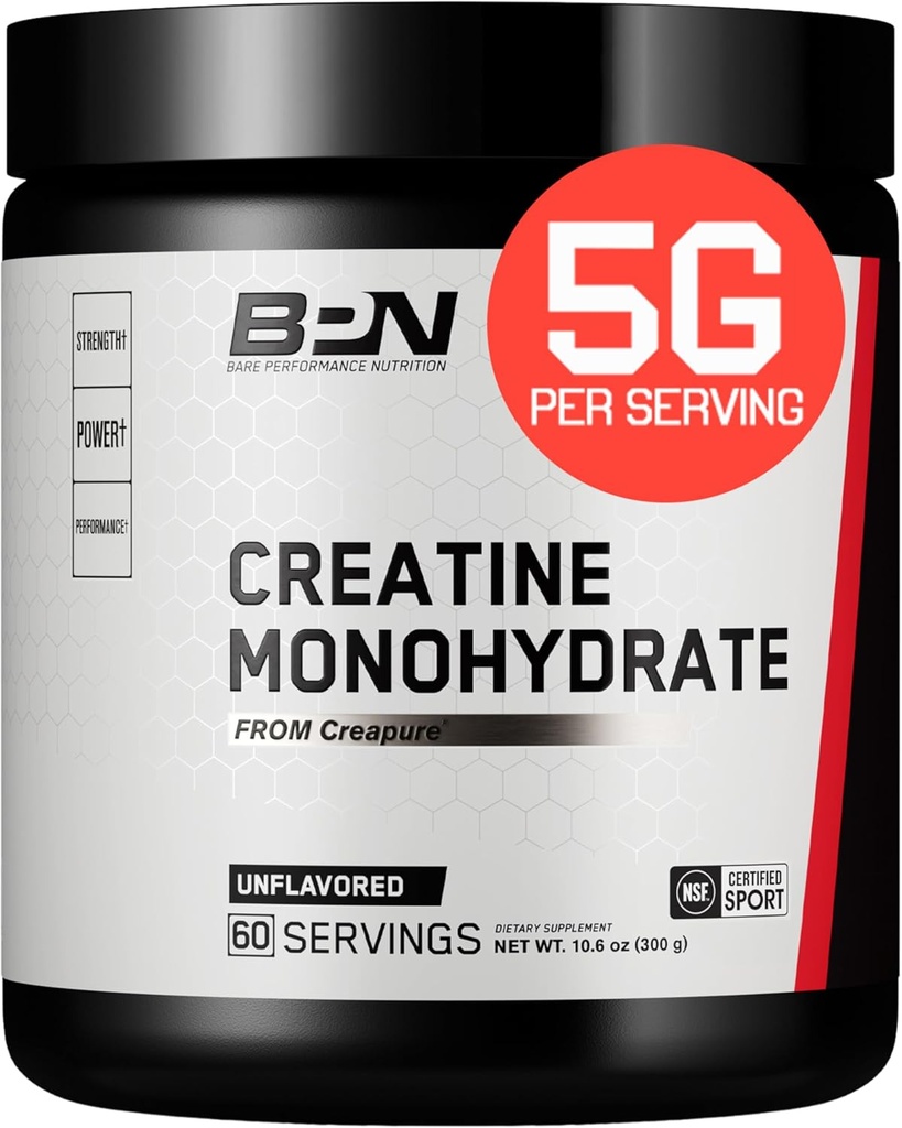 BARE PERFORMANCE NUTRITION, BPN Pure Creatine Monohydraat Powder by Creapure, 5g Creatine per Serving, Ondersteunt Spiergroei, Unflavored Creatine Powder, 60 Servers
