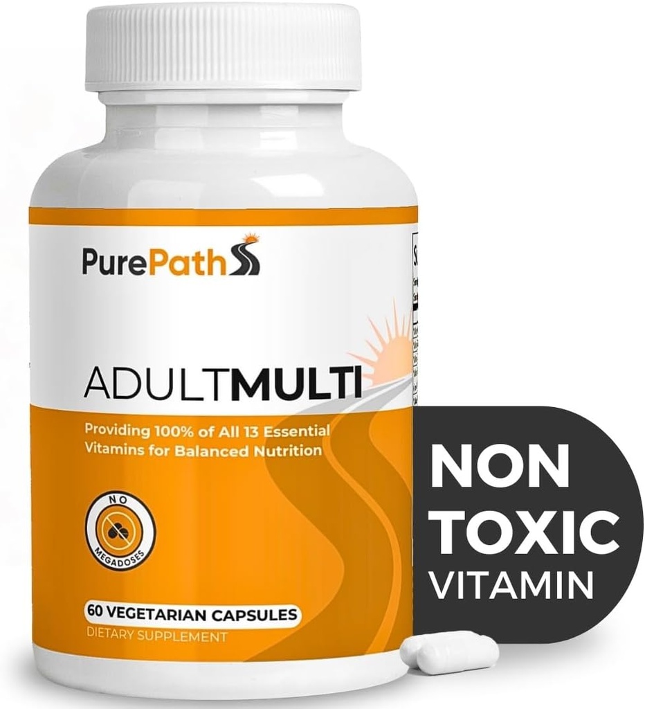 PurePath Adult Multivitamin non tossico - 13 Vitamine - 100% RDA - No Harmful Megadoses - con B6 & B12 - Supplemento per l'energia ottimale, messa a fuoco e longevità - 60 capsule - 30 giorni di alimentazione