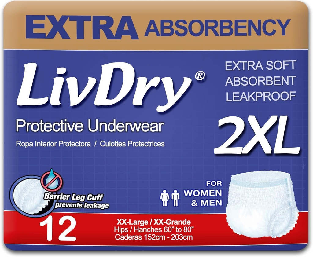 LivDry Adult XXL Incontinence Biancheria intima, Pannolini adulti ad alta assorbenza, Protezione delle perdite, XX-Large, 12-Pack
