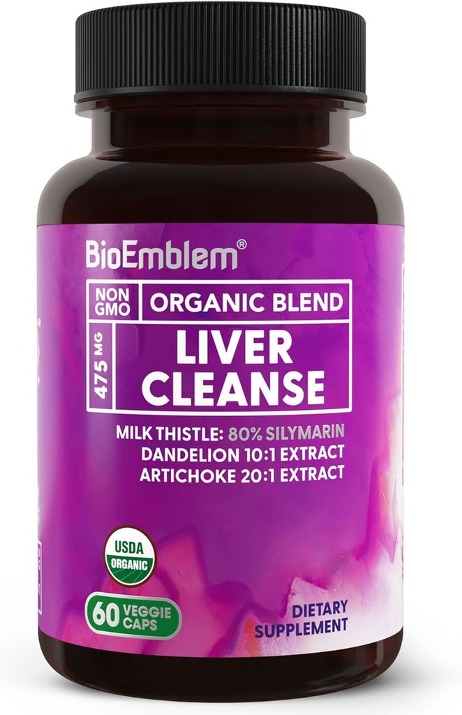 BioEmblem USDA Organic Liver Cleanse - 80% Silymarin Milk Thistle Extract for Liver Health and Liver Function with Dandelion ' Artichoke Extracts - 100% Vegan, Non-GMO - Herbal Liver - 60 Capsules