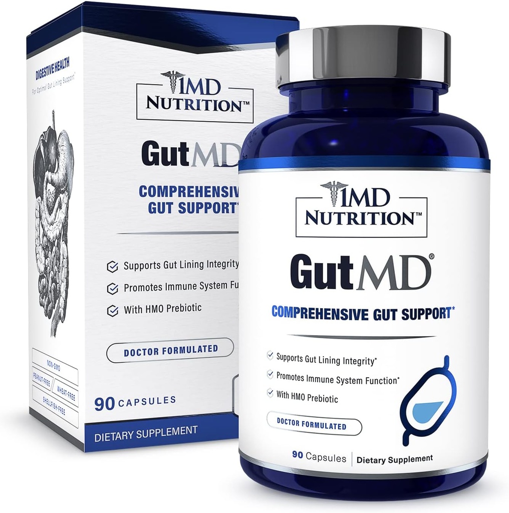 1MD Nutrition GutMD - L-Glutamin Capsules w / Prebiotic för Gut Health - L Glutamin Supplement - Stöder Hälsosam Digestive Tract Integrity - 90 kapslar