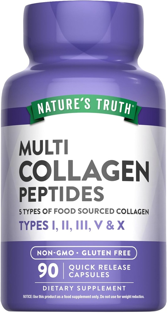 Naturens sannhet Multi collagen Peptides Kapsler | Typer I, II, III, V, X | 2000 mg | 90 greve | Keto Vennlig | Ikke-GMO og Glutenfri Supplement