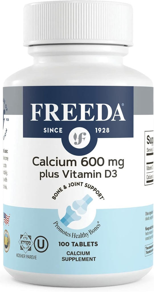 FREEDA Calcium 600 mg with Vitamin D3 400 IU — Essential Bone Support supplement – Kosher, Gluten-Free, easy-to-Swallow Coated Tablets for Women ' Men (100 Ct)