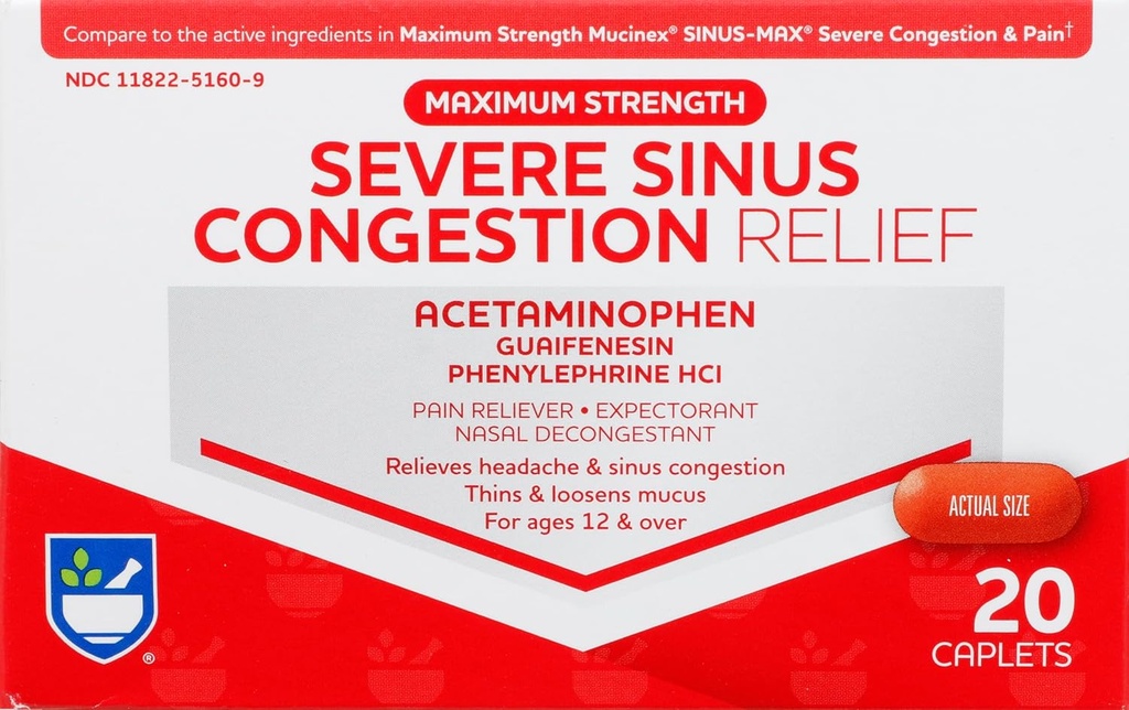 Rite Aid Severe Sinus Medicine and Nasal Decongestant, Maximum Strength - 20 Caplets | Sinus Relief | Pain Relief | Multi-Symptom Cold and Flu Medicine | Severe Cold & Sinus Medicine for Adults
