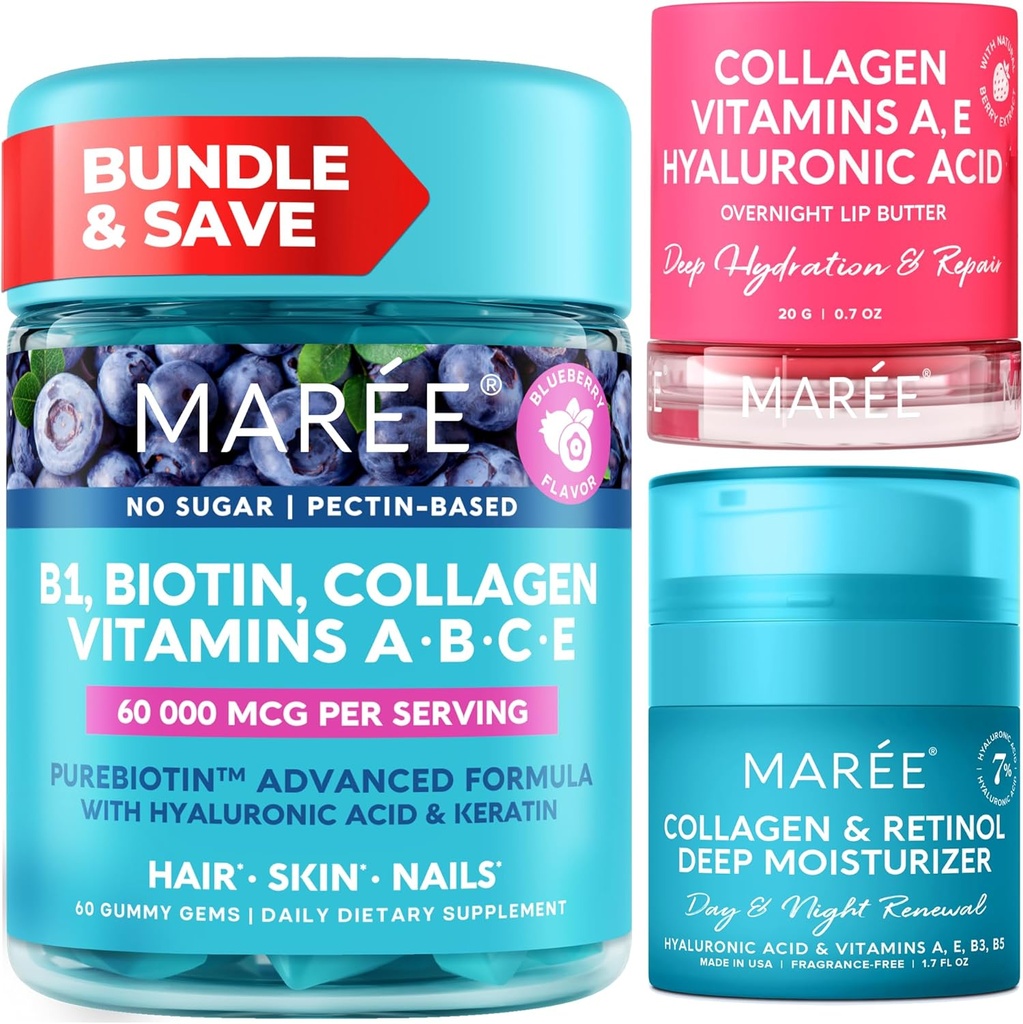 MAREE Bundle - Vitamin B1 Thiaminové gumy, Maska na rty, Obličejový Moisturizer - A, E, D, C Vitamíny - Kolagen & Hyaluronická kyselina, Retinol - Komplex pro pleť, hřebíky, vlasy - Maska pro suché rty - Anti- Aging Cream