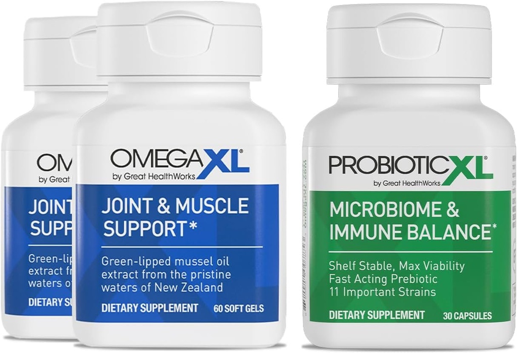 OmegaXL Powerful Joint and Muscle Supplement 60 Count (2 Pack) & Probiotic XL - PreforPro, DE111, Shelf Stable - Promote Healthy Gut Flora Growth (30 Veggie caps)