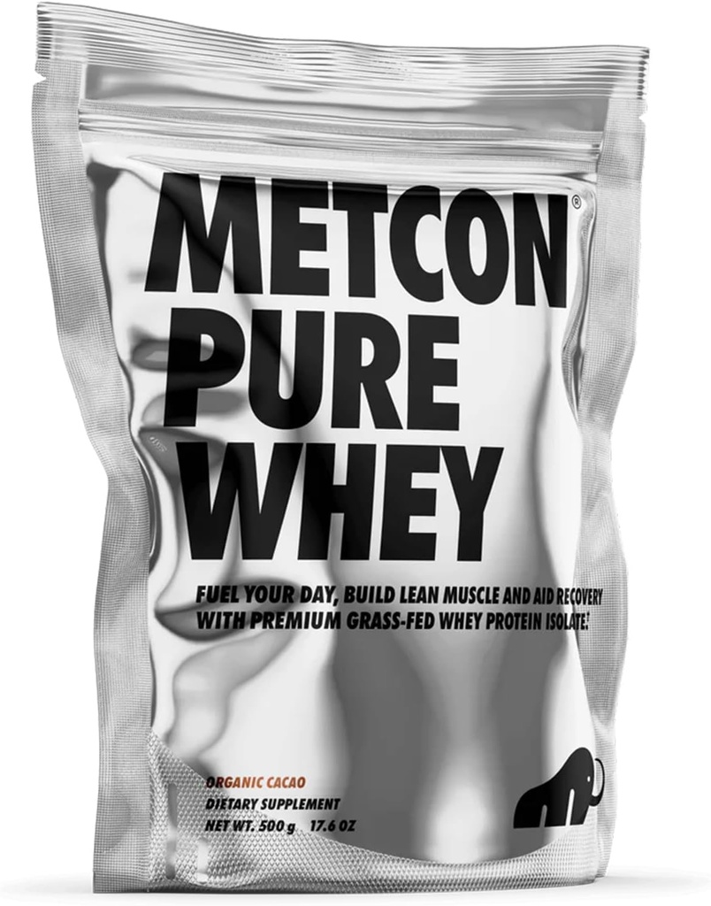 MetCon Whey Protein Isolate - Premium Grass- Fed Whey Protein Isolate Powder med 5 All- Natural Ingredients, Ingen Fillers, Organic Cacao Flavor (500g)