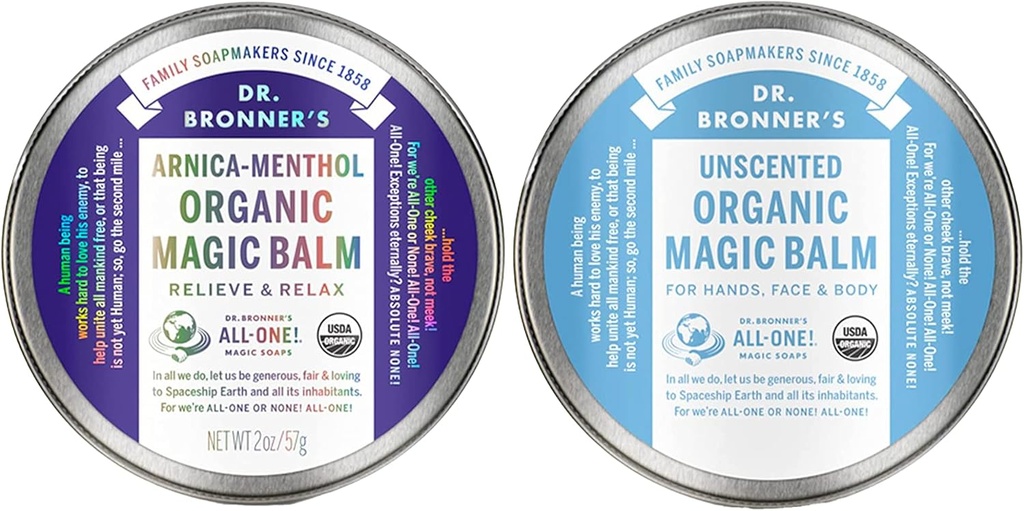 Dr. Bronner's - Organic Magic Balm (2 oz Variety Pack) Arnica-Menthol & Baby Unscented - Made with Organic Beeswax & Hemp Oil, Moisturizes ו-Soothes Hands, Face & Body