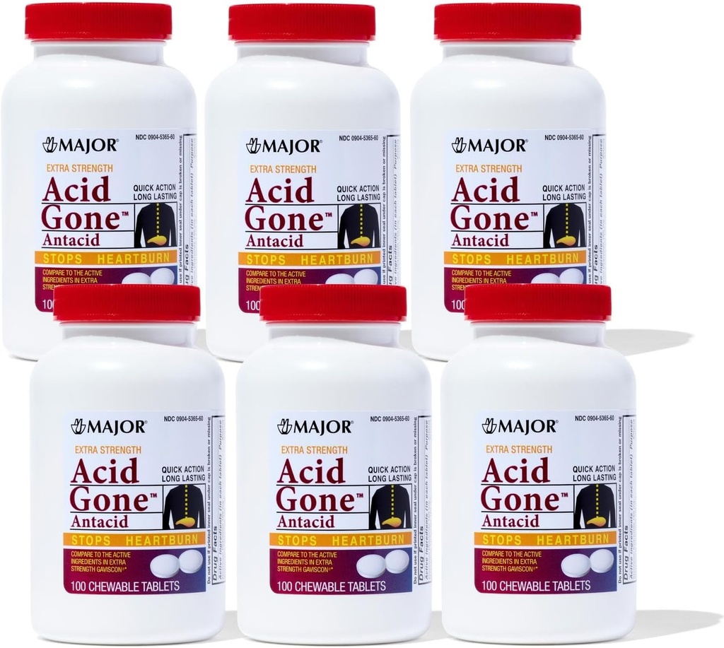 Major Acid Gone Extra Strength Antacid Chewable Tablets - Anti- Acid Relief - Acid Refluult Medicine dla dorosłych - Zdenerwowane żołądki, Niestrawność kwaśna i Relief Heartburn - Long- Lasting - 100- Count (6 Pack)