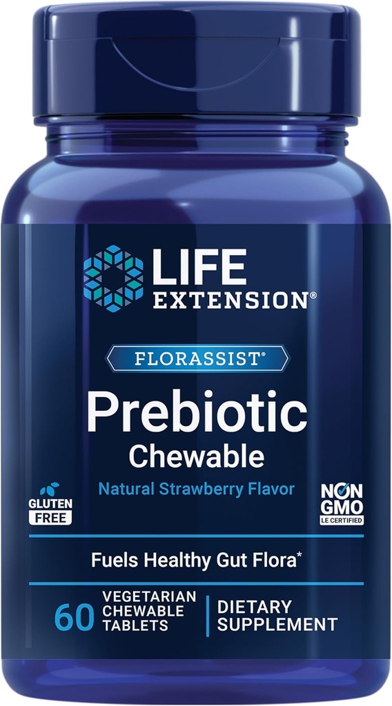 Life Extension FLORASSIST ® Prebiotic Chewable (Strawberry), 1000 mg xylooligosaccharides, prebiotic Supplement Giver brændstof til Gut Flora, Gluten- Free, Non- GMO, Vegetarisk, 60 tyggetabletter