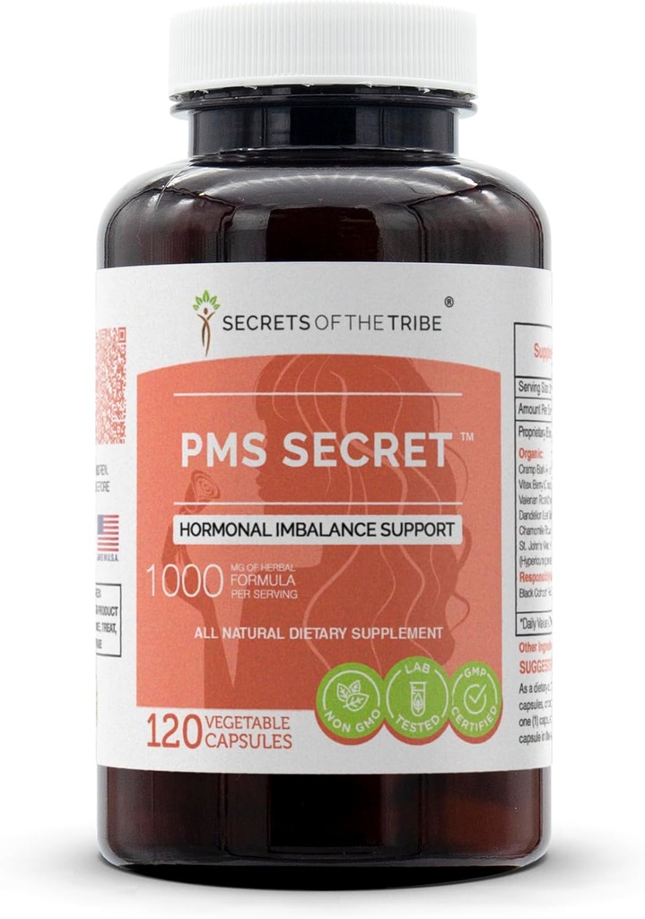 PMS Secret 120 kapselia, 1000 mg, Black Cohosh, Kramp, Vitex, Valerian, Voikukka, Kamomilla, mäkikuisma. Hormonaalinen epätasapainon tuki (120 kapselia)